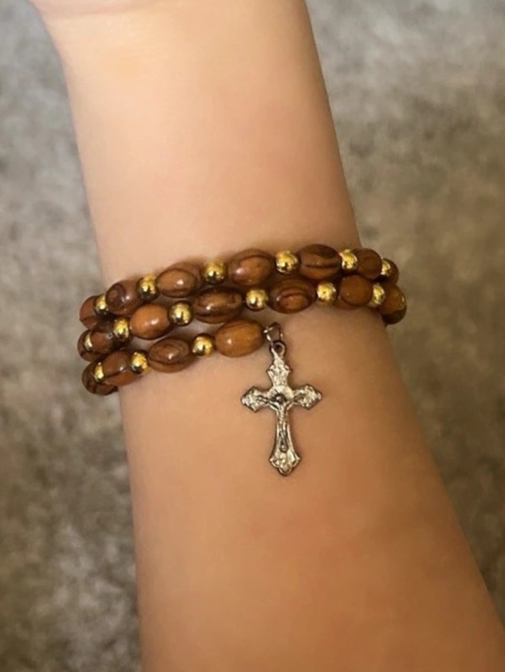 Wooden Bead Wrap Bracelet with Crucifix